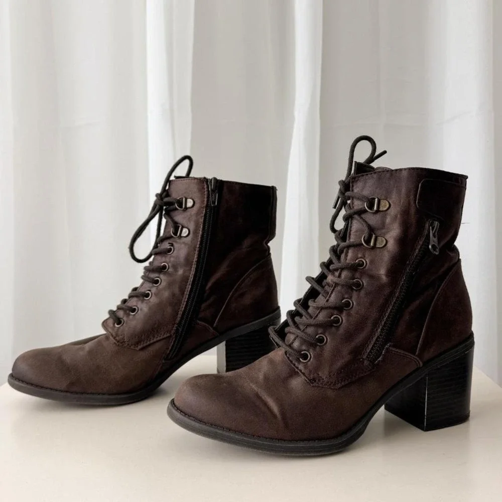 White Mountain‎ Brown Lace Up Ankle Boots Chunky Heel Combat Style Booties 9